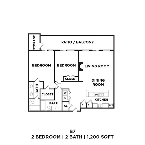 A floor plan of a 2 bedroom apartment with 2 bathrooms.